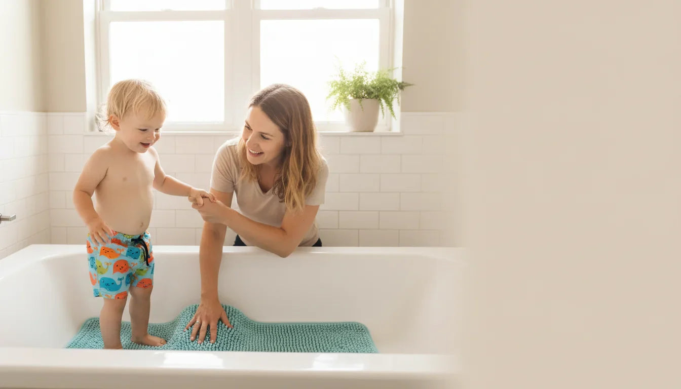 Sécurité enfants: utiliser un tapis de douche sans faux pas - Image de couverture